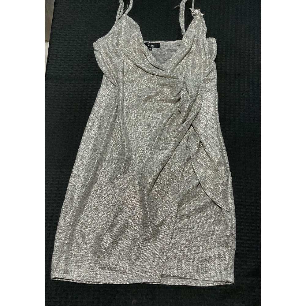 Trixxi Dress Womens Medium Silver Metallic Ruched Cowl Neck Slip Mini Party